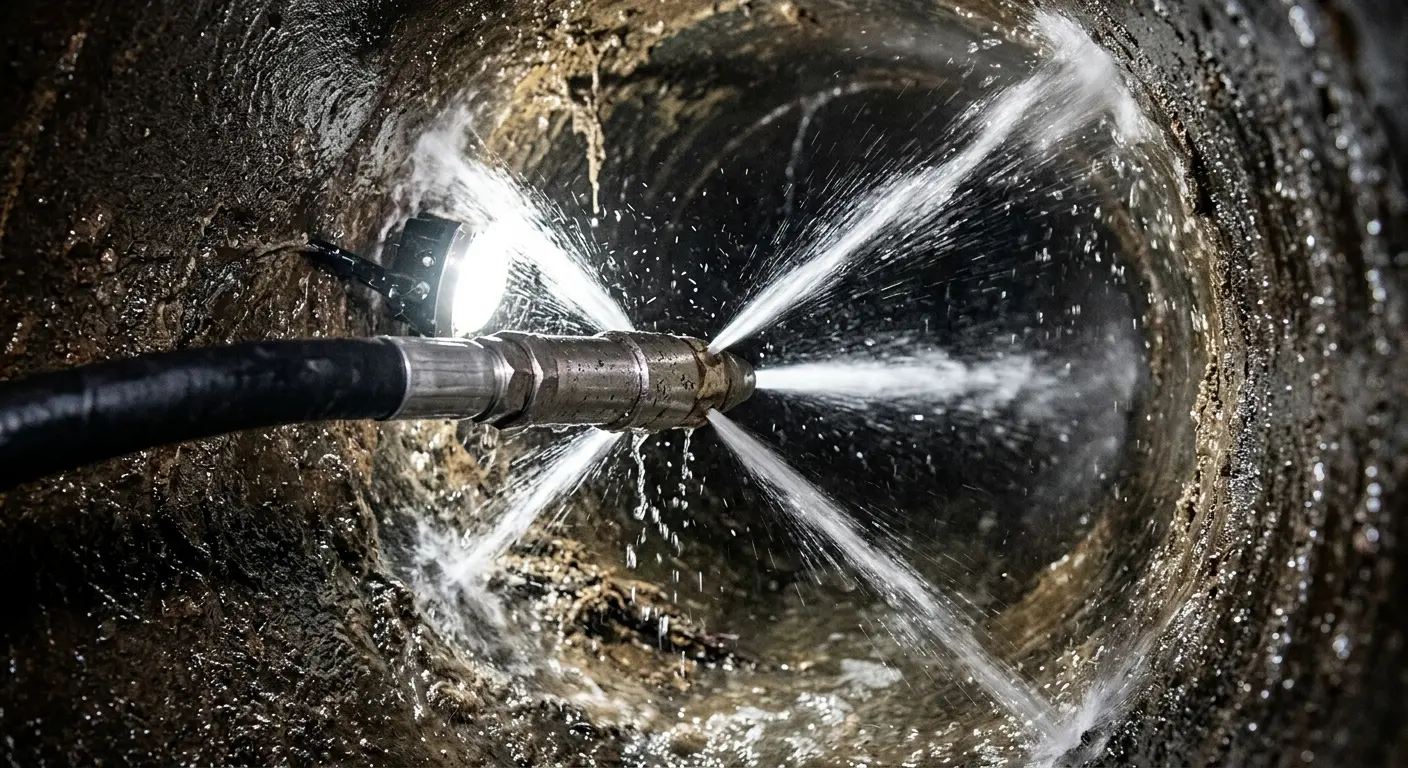 High-pressure hydro jetting nozzle cleaning sewer pipe for Trenchless Sewer Repair in Raymond