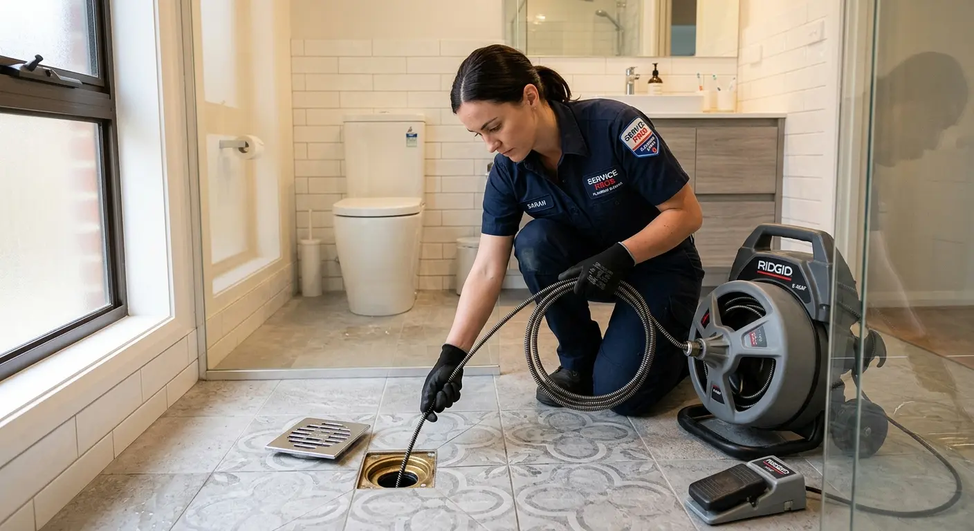 Technician clearing a bathroom floor drain for Drain Repair in Raymond